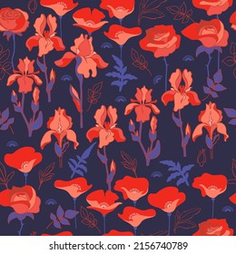 Seamless pattern with irises, roses and poppies. Vector.