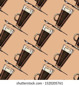 Seamless pattern with Irish coffee glass in vintage engraved style 