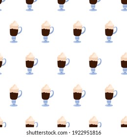 Seamless pattern with irish coffee. Hot drink background. Caffeine drink in glass with cream.