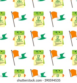 Seamless pattern with an Irish flag and a calendar on 17 March.