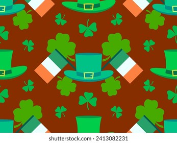 Seamless pattern with Irish flag, clover leaves and leprechaun cap for St. Patrick's Day. Symbols of the Irish holiday. Festive design for wallpaper, banner and cover. Vector illustration