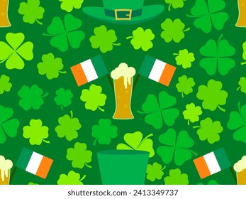 Seamless pattern with Irish flag, clover leaves, leprechaun hat and glasses of beer for St. Patrick's Day. Symbols of the Irish holiday. Festive wallpaper, banner and cover design. Vector illustration