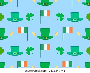 Seamless pattern with Irish flag, clover leaves, leprechaun cap and gold coins for St. Patrick's Day. Symbols of the Irish holiday. Festive wallpaper, banner and cover design. Vector illustration