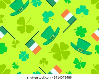 Seamless pattern with Irish flag, clover leaves and leprechaun hat for St. Patrick's Day. Symbols of the Irish holiday. Festive design for wallpaper, banner and cover. Vector illustration