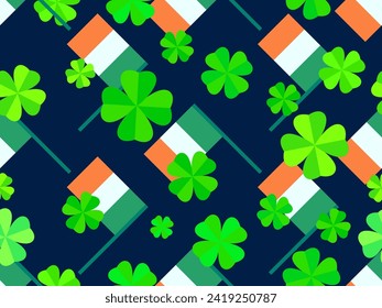 Seamless pattern with Irish flag and clover leaves for St. Patrick's Day. Symbols of the Irish holiday. Festive design for wallpaper, banner and cover. Vector illustration