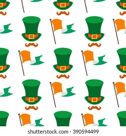 Seamless pattern with an Irish flag and a green hat.