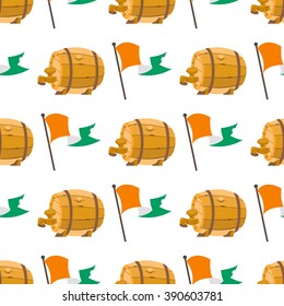 Seamless pattern with an Irish flag and a wooden beer barrel.