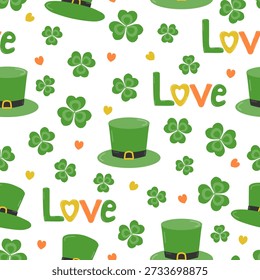 Seamless pattern with Irish hats, shamrocks and the inscription Love