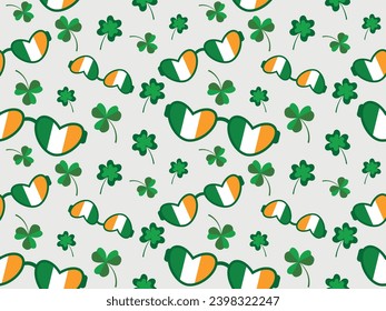 Patrón incomparable para la fiesta irlandesa San Patricio con gafas y corazones y la bandera irlandesa. Los anteojos son el accesorio principal del Día de San Patricio. Ilustración vectorial para papel de pared, textil