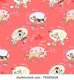 Seamless pattern with  irish setter, beagle, dalmatian and poodle dogs. Hand drawn animals sketches. Vector Illustration