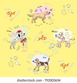 Seamless pattern with  irish setter, beagle, dalmatian and poodle dogs. Hand drawn animals sketches. Vector Illustration