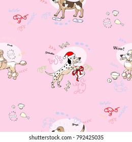 Seamless pattern with  irish setter, beagle, dalmatian and poodle dogs. Hand drawn animals sketches. Vector Illustration