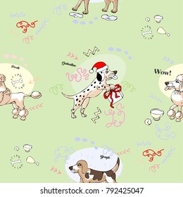 Seamless pattern with  irish setter, beagle, dalmatian and poodle dogs. Hand drawn animals sketches. Vector Illustration