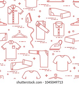 Seamless pattern with irons, clothes hangers and different clothes. Design for banner and print.