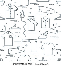 Seamless pattern with irons, clothes hangers and different clothes. Design for banner and print.