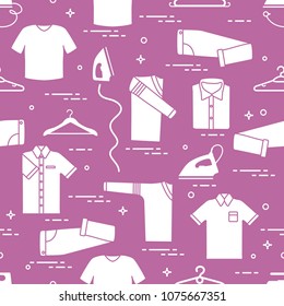 Seamless pattern with irons, clothes hangers and different clothes. Design for banner and print.