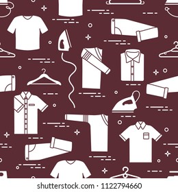 Seamless pattern with irons, clothes hangers and different clothes. Design for banner and print.