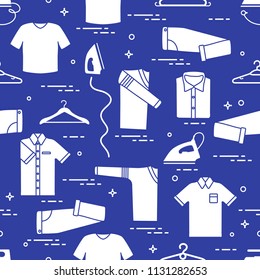 Seamless pattern with irons, clothes hangers and different clothes. Design for banner and print.