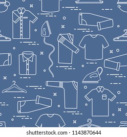 Seamless pattern with irons, clothes hangers and different clothes. Design for banner and print.