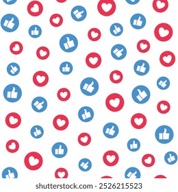 Seamless pattern of irregular collection of like icons and heart icons inside circles