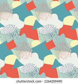 Seamless pattern of irregular geometric shapes of red, green, yellow, with dots and dashes.