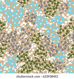 Seamless pattern. A pattern of irregular shapes of angular elements. Fashionable camouflage.  Green, gray, beige, white, blue.
