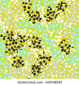 Seamless pattern. A pattern of irregular shapes of angular elements. Fashionable camouflage.  Black, white, blue, gray, yellow-green.