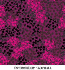 Seamless pattern. A pattern of irregular shapes of angular elements. Fashionable camouflage.  Pink-purple tones, black.
