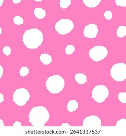 Seamless pattern with irregular white polka dots on bright pink background. Repeating abstract dotted texture. 