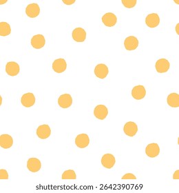 Seamless pattern with irregular yellow polka dots on white background. Simple hand-drawn dot texture. Playful geometric ornament. 