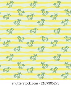 Seamless Pattern Of Irregular Yellow Stripes With Palm Tree Silhouettes. Nice Summer Background A Reminder Of Beach Holidays And Tropical Islands. Great For Wallpaper, Accessory, Home Decor, Textiles