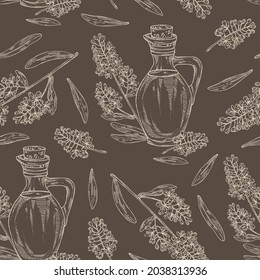 Patrón sin foco con isatis tinctoria: rama, isatis tinctoria flores, hojas y botella de aceite isatis. Ilustración dibujada a mano por el vector