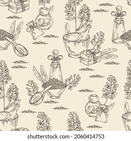 Seamless pattern with isatis tinctoria: branch, isatis tinctoria flowers, leaves and bath salt, soap and beauty products. Cosmetic, perfumery and medical plant. Vector hand drawn illustration