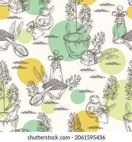 Seamless pattern with isatis tinctoria: branch, isatis tinctoria flowers, leaves and bath salt, soap and beauty products. Cosmetic, perfumery and medical plant. Vector hand drawn illustration
