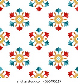 Seamless pattern of Islamic floral ornament with tulip flowers and palms, repeated shape of hexagon inspired by Turkish ceramics. Decorative colorful kaleidoscopic trellis print. Vector Illustration.