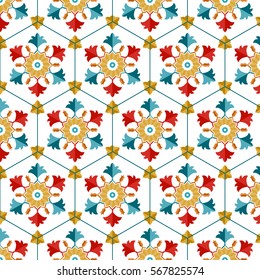 Seamless pattern of Islamic floral ornament with tulip flowers and palms, repeated shape of hexagon inspired by Turkish ceramics. Decorative colorful kaleidoscopic trellis print. Vector Illustration.