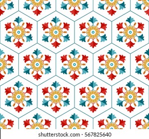 Seamless pattern of Islamic floral ornament with tulip flowers and palms, repeated shape of hexagon inspired by Turkish ceramics. Decorative colorful kaleidoscopic trellis print. Vector Illustration.
