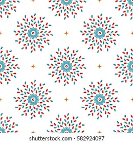 Seamless pattern of Islamic floral ornament with tulip flowers inspired by Turkish ceramics. Decorative colorful kaleidoscopic trellis print. Vector Illustration.