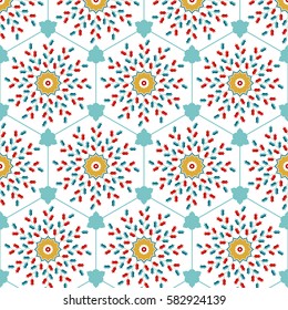 Seamless pattern of Islamic floral ornament with tulip flowers, repeated shape of hexagon inspired by Turkish ceramics. Decorative colorful kaleidoscopic trellis print. Vector Illustration.