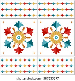 Seamless pattern of Islamic floral ornament with tulip flowers and palms in shape of hexagon. Turkish decorative print for wall and floor home ceramic. Colorful ethnic print. Vector Illustration.