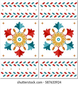 Seamless pattern of Islamic floral ornament with tulip flowers and palms in shape of hexagon. Turkish decorative print for wall and floor home ceramic. Colorful ethnic print. Vector Illustration.