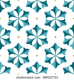 Seamless pattern of Islamic floral ornament of palm leaf, repeated in shape of hexagon. Decorative colorful trellis print. Vector Illustration.