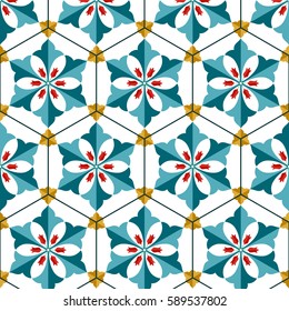 Seamless pattern of Islamic floral ornament with tulip flowers and palms, repeated shape of hexagon inspired by Turkish ceramics. Decorative colorful kaleidoscopic trellis print. Vector Illustration.