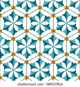 Seamless pattern of Islamic floral ornament of palm leaf, repeated shape of hexagon inspired by Turkish ceramics. Decorative colorful kaleidoscopic trellis print. Vector Illustration.