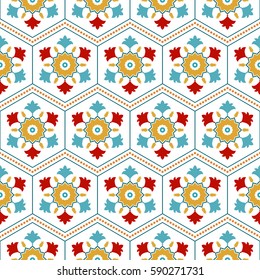 Seamless pattern of Islamic floral ornament of tulip flowers and palms, repeated shape of hexagon, dotted wavy garlands of yellow circles. Decorative kaleidoscopic trellis print. Vector Illustration.