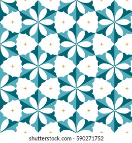 Seamless pattern of Islamic floral ornament of palm leaves and stars, repeated shape of hexagon inspired by Turkish ceramics. Decorative colorful kaleidoscopic trellis print. Vector Illustration.