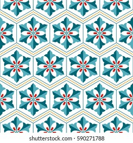 Seamless pattern of Islamic floral ornament of tulip flowers and palms, repeated shape of hexagon, dotted wavy garlands of yellow circles. Decorative kaleidoscopic trellis print. Vector Illustration.