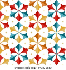Seamless pattern of Islamic floral ornament of palm leaves and stars, repeated shape of hexagon inspired by Turkish ceramics. Decorative colorful kaleidoscopic trellis print. Vector Illustration.