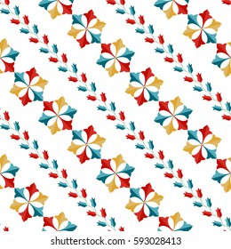 Seamless pattern of Islamic floral ornament with tulip flowers in garlands and palms in repeated shape of hexagon inspired by Turkish ceramics. Decorative colorful ethnic print. Vector Illustration.
