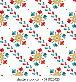 Seamless pattern of Islamic floral ornament with tulip flowers in garlands and palms in repeated shape of hexagon inspired by Turkish ceramics. Decorative colorful ethnic print. Vector Illustration.